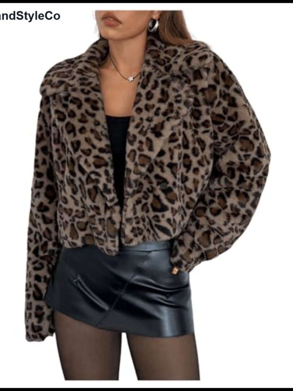 Faux Fur Cropped Jacket Leopard Print Coat Long Sleeve
